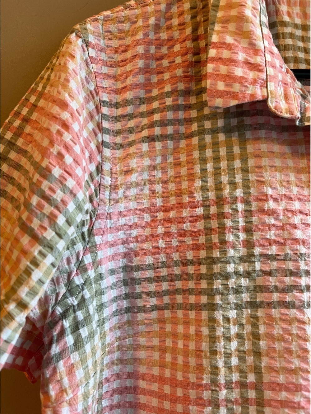 L.L.Bean Vacationland Seersucker Short Sleeve Popover Plaid Shirt Pink Green - Picture 3 of 10
